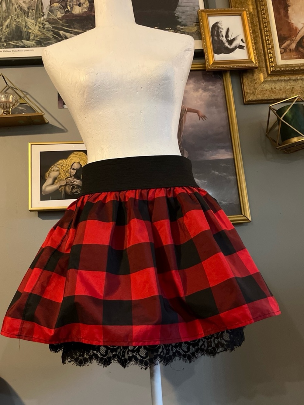 Red and Black Plaid A-Line Mini Skirt with Lace Trim